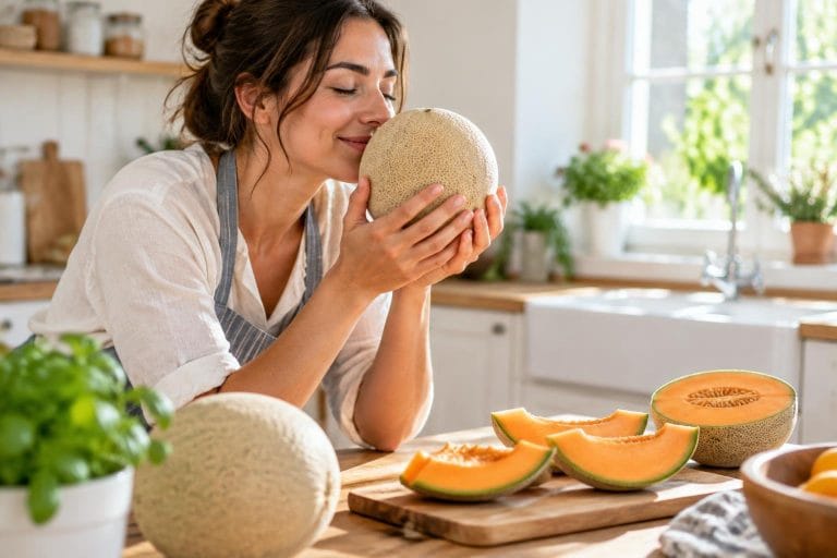 Personne souriante dans une cuisine lumineuse sniffant un melon pour vérifier sa maturité, avec des fruits frais sur le plan de travail.