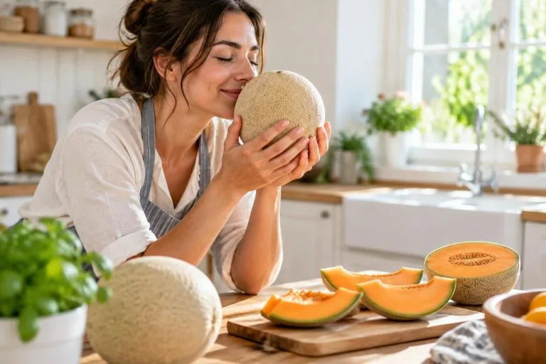 Personne souriante dans une cuisine lumineuse sniffant un melon pour vérifier sa maturité, avec des fruits frais sur le plan de travail.