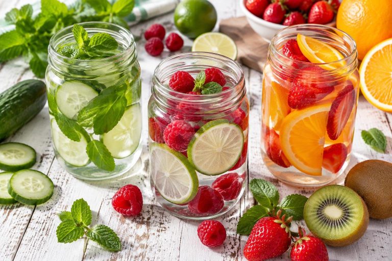 Trois bocaux en verre remplis d'eau infusée au citron, concombre et fruits rouges sur une table en bois blanc.