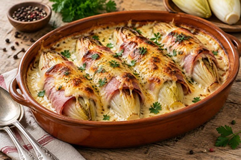 Gratin d'endives au jambon doré et fondant dans un plat en terre cuite, nappé de sauce béchamel et de fromage gratiné.