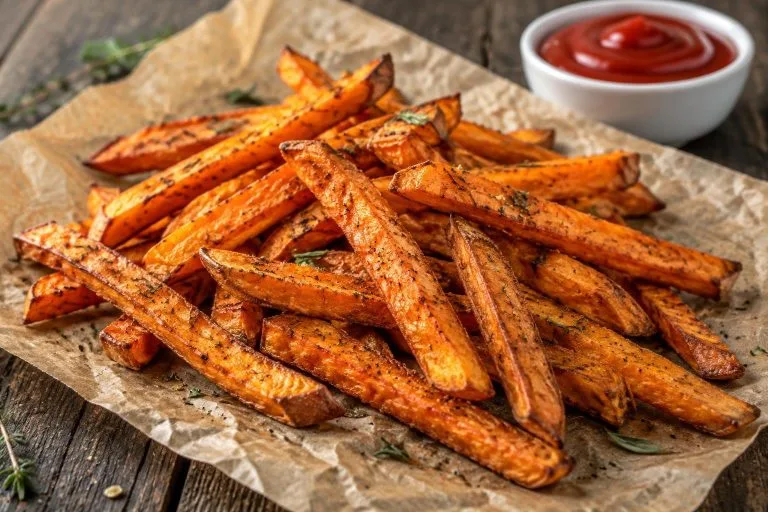 Frites de patates douces croustillantes et dorées sur papier sulfurisé avec un bol de ketchup sur une table en bois rustique.