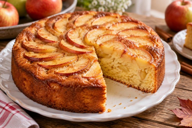 Gâteau au yaourt aux pommes doré sur une assiette blanche, avec une part découpée révélant une mie moelleuse et des lamelles de pommes caramélisées sur le dessus.