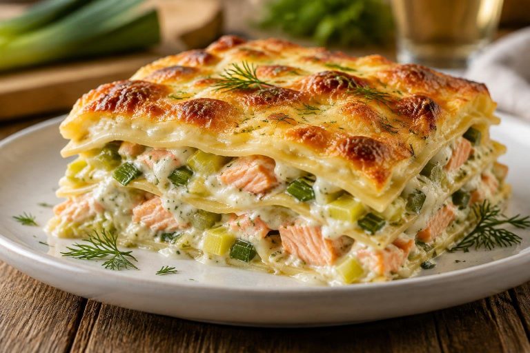 Part de lasagnes au saumon et poireaux sur assiette blanche montrant les couches de pâtes, saumon rosé et béchamel fondante.