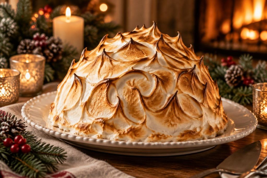 Omelette norvégienne à la meringue dorée sur un plat blanc, décor hivernal chaleureux avec bougies et branches de sapin en arrière-plan flou.