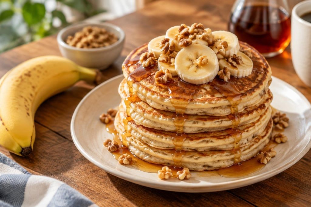 Haute pile de pancakes à la banane dorés nappés de sirop d'érable et garnis de rondelles de fruits frais sur une assiette blanche.