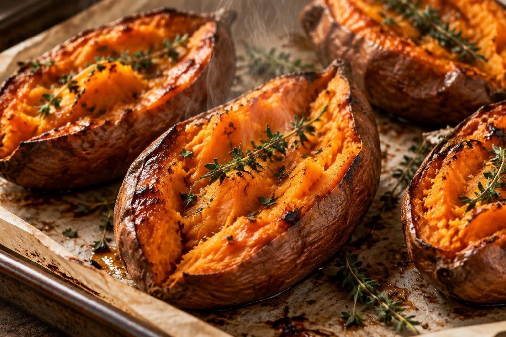 Demi-patates douces rôties au four sur une plaque, chair orange fondante et caramélisée garnie de thym frais.