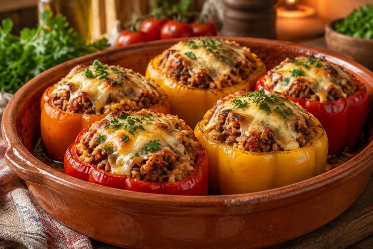 Poivrons farcis colorés gratinés au fromage dans un plat en terre cuite, garnis de persil frais sur une table chaleureuse.