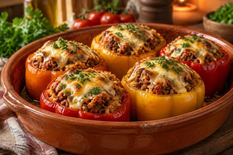 Poivrons farcis colorés gratinés au fromage dans un plat en terre cuite, garnis de persil frais sur une table chaleureuse.