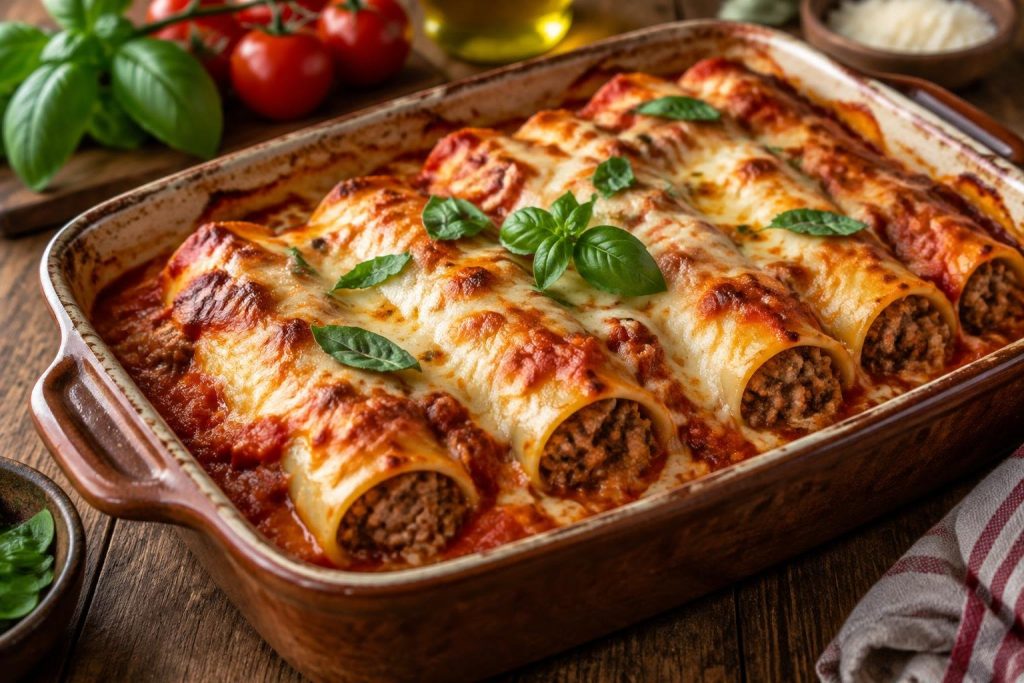 Plat de cannelloni gratinés au fromage doré et sauce tomate, garni de basilic frais sur une table en bois.