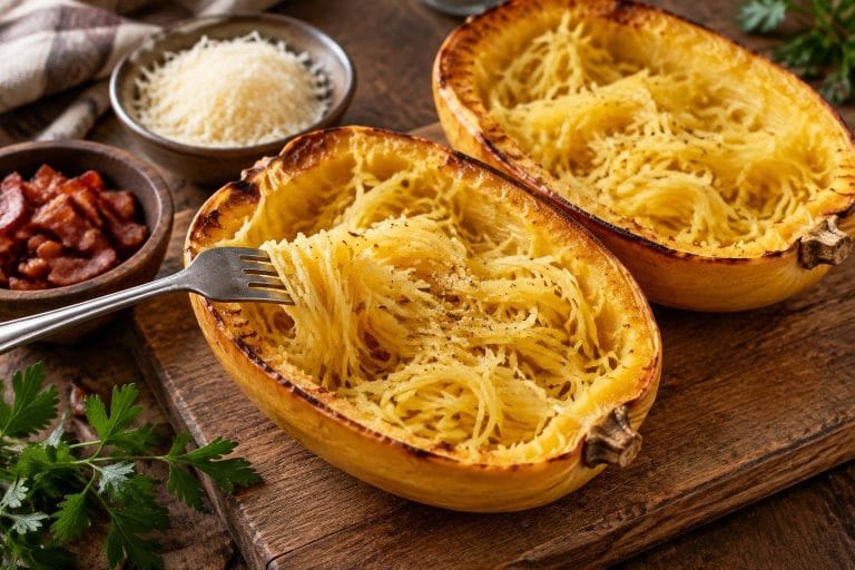 Demi-courge spaghetti rôtie aux filaments dorés sur planche en bois, entourée de parmesan et de lardons.