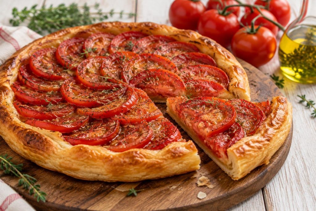 Tarte aux tomates dorée sur planche en bois, garnie de rondelles de tomates en rosace et d'herbes, avec une part découpée.