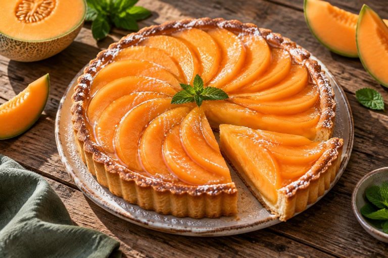 Tarte au melon dorée aux fruits juteux disposés en spirale sur une table en bois rustique, éclairée par une lumière naturelle.